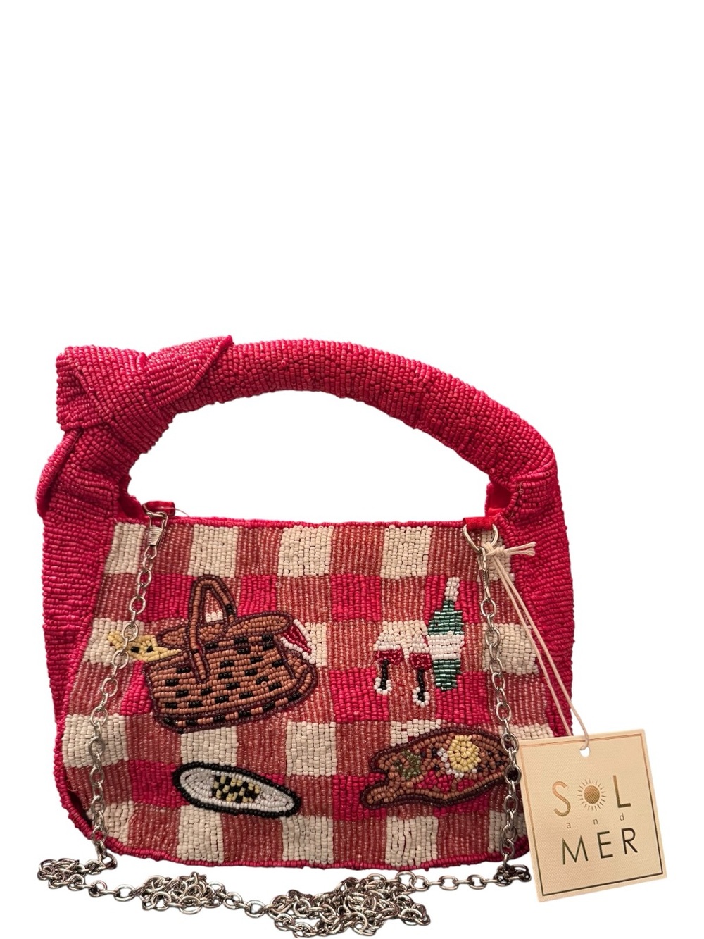 Viral Sol & Mer Beaded Gingham Picnic Wine Crossbody Bag Handbag NWT